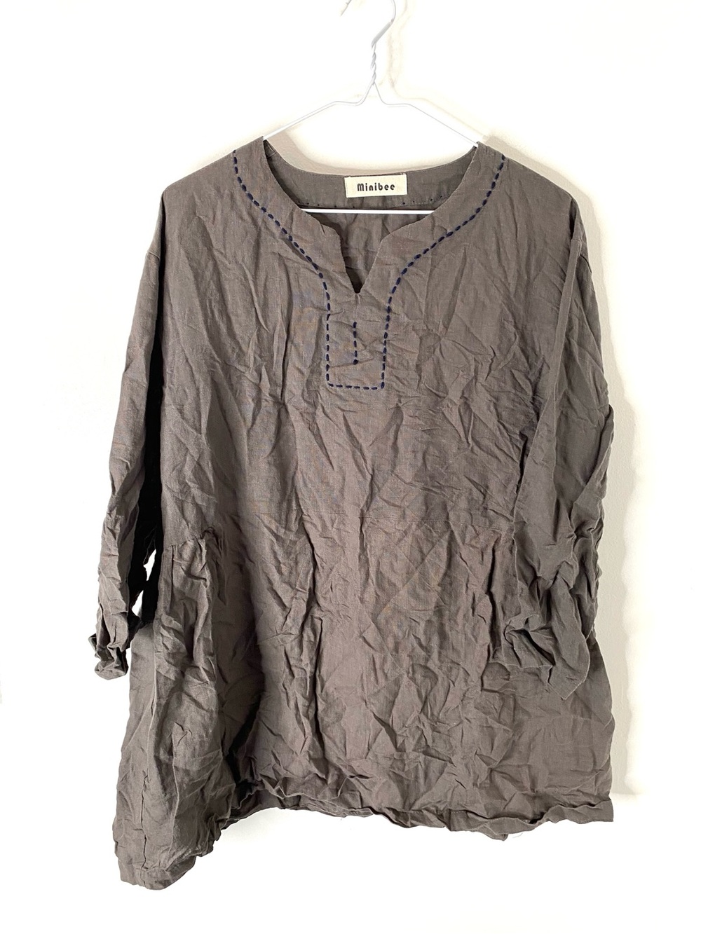 Minibee Taupe Linen Blend Tunic Top Contrast Stitch Relaxed Lagenlook Boho